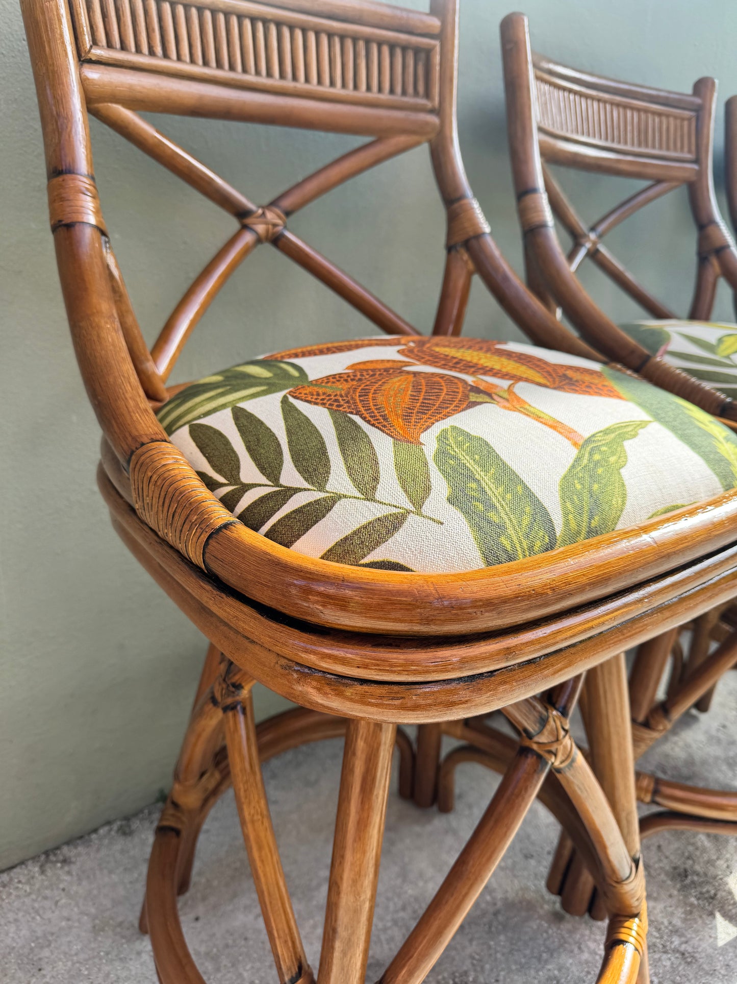 1960s X-Back Bamboo Swivel Counter Stools — Set of 3