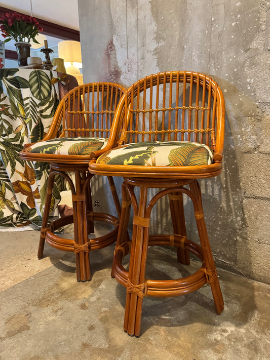 1960s Arched Spindle Rattan Swivel Counter Stools — Set of 2