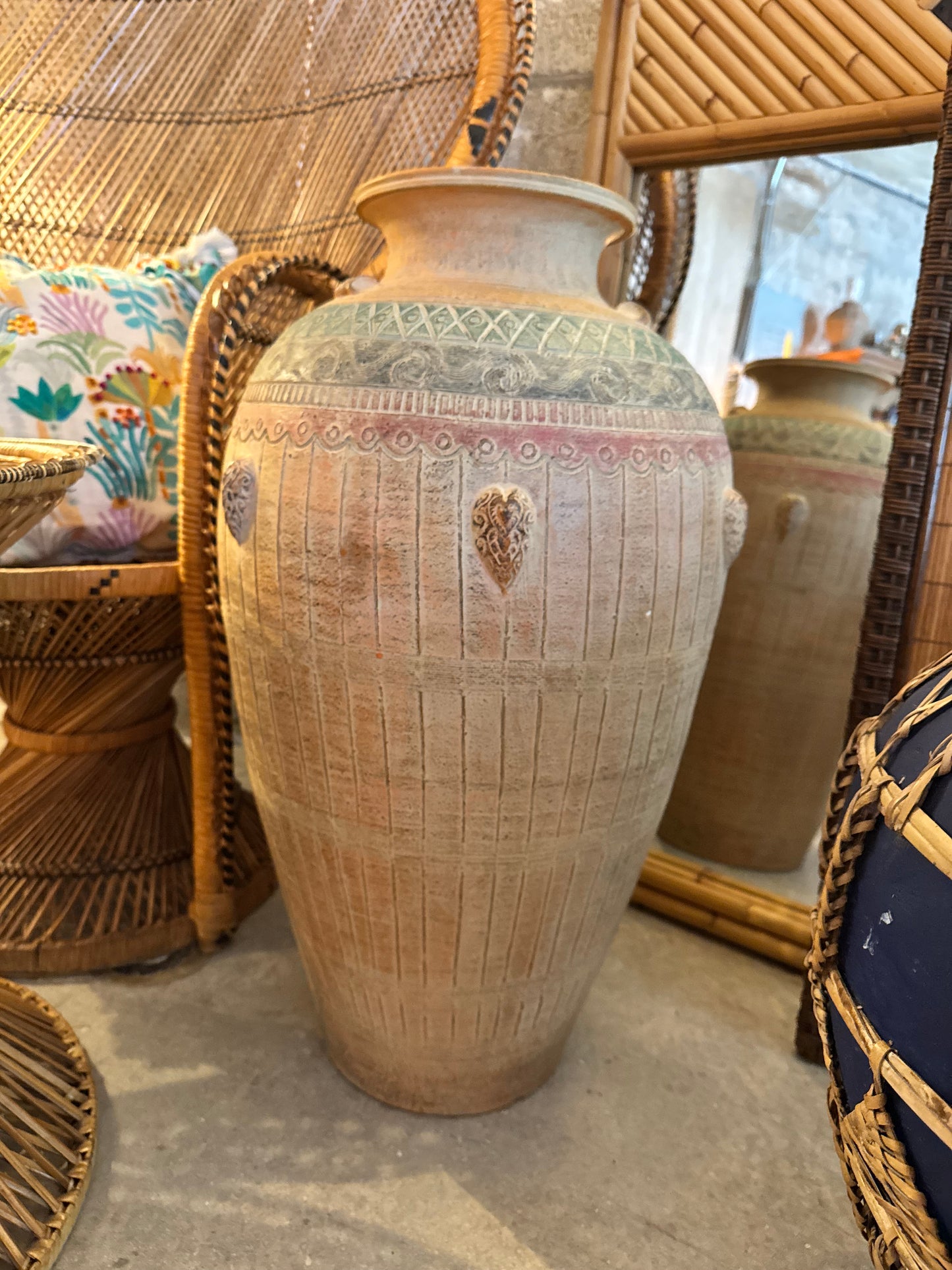 Monumental Mediterranean Terracotta Amphora with Greco-Roman Relief