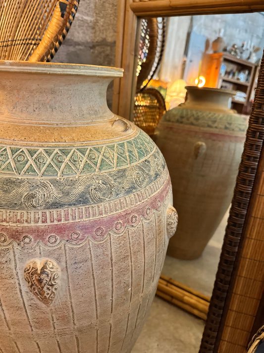 Monumental Mediterranean Terracotta Amphora with Greco-Roman Relief