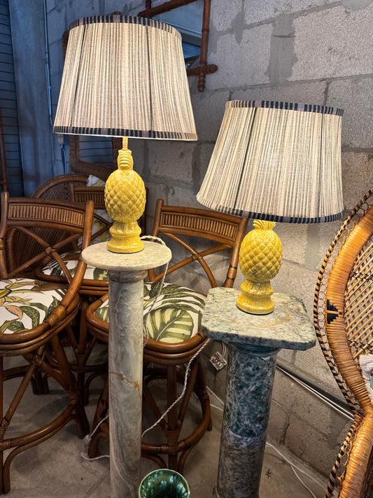 Pair of vintage yellow ceramic pineapple table lamps with custom pleated striped shades