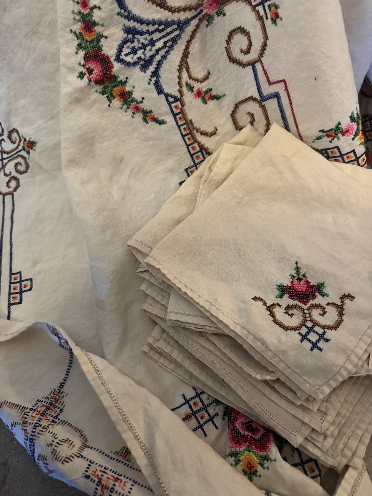 Antique Mid-19th Century Hand-Embroidered Trousseau Tablecloth & 12 Napkins