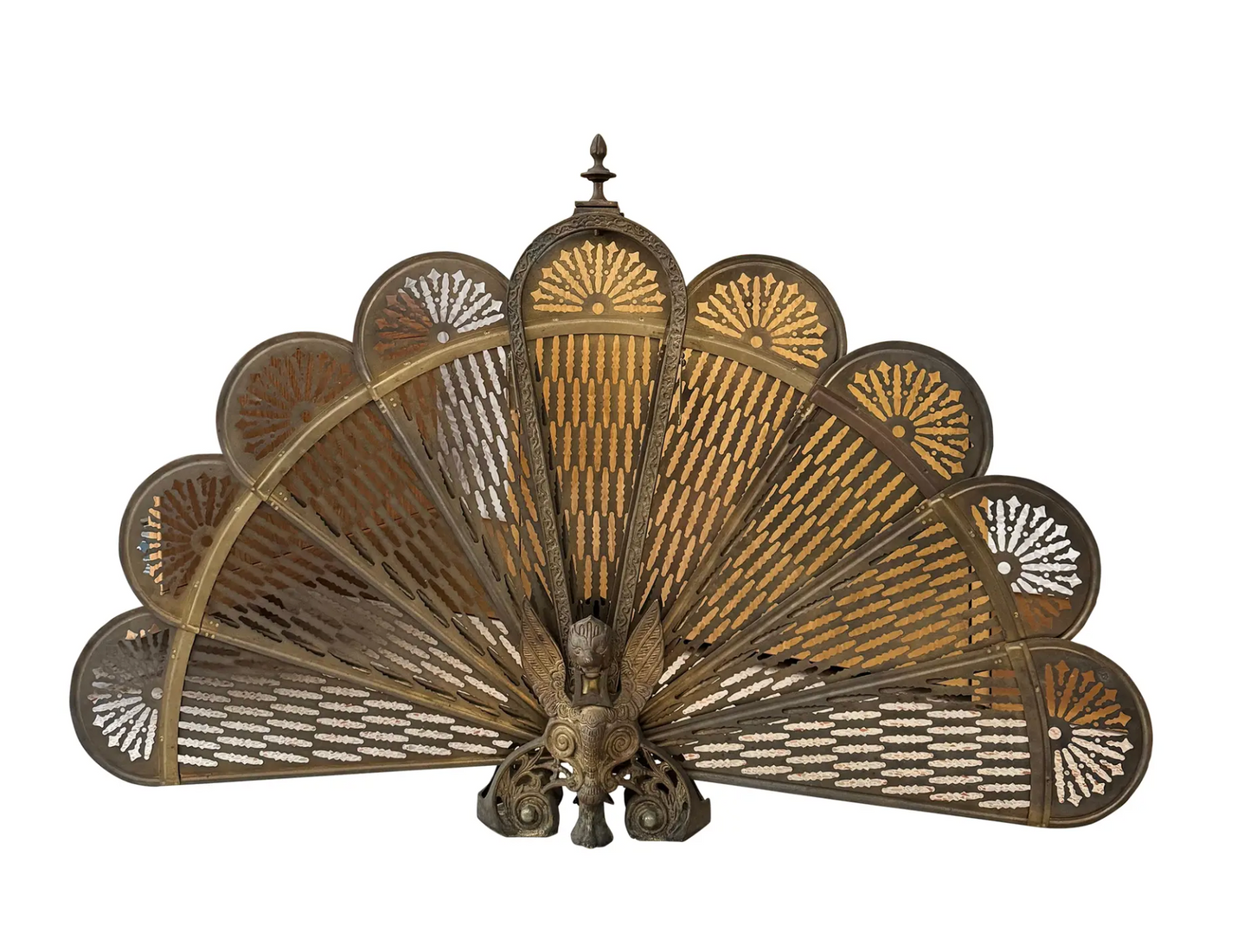 Antique Italian Art Nouveau brass peacock fireplace screen