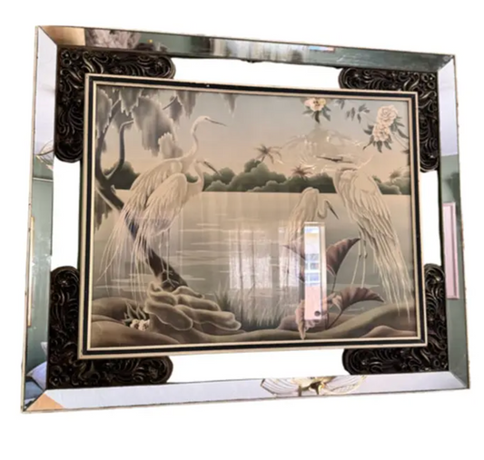 Vintage Turner egret lithograph in an ornate original mirrored frame