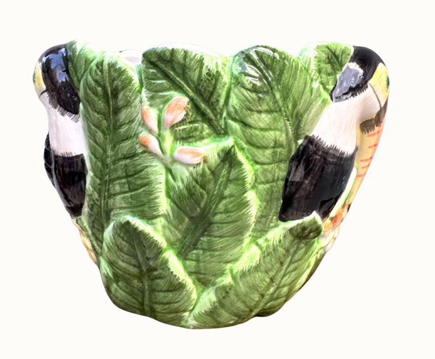 back view of vintage tropical bird ceramic centerpiece