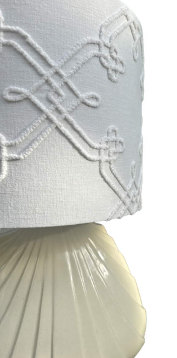 White ceramic shell lamp with custom embossed drum shade