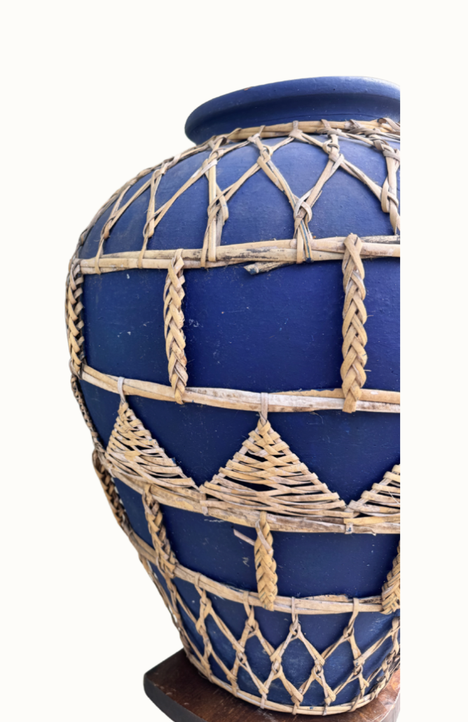 Vintage cobalt blue terracotta and rattan floor vessel