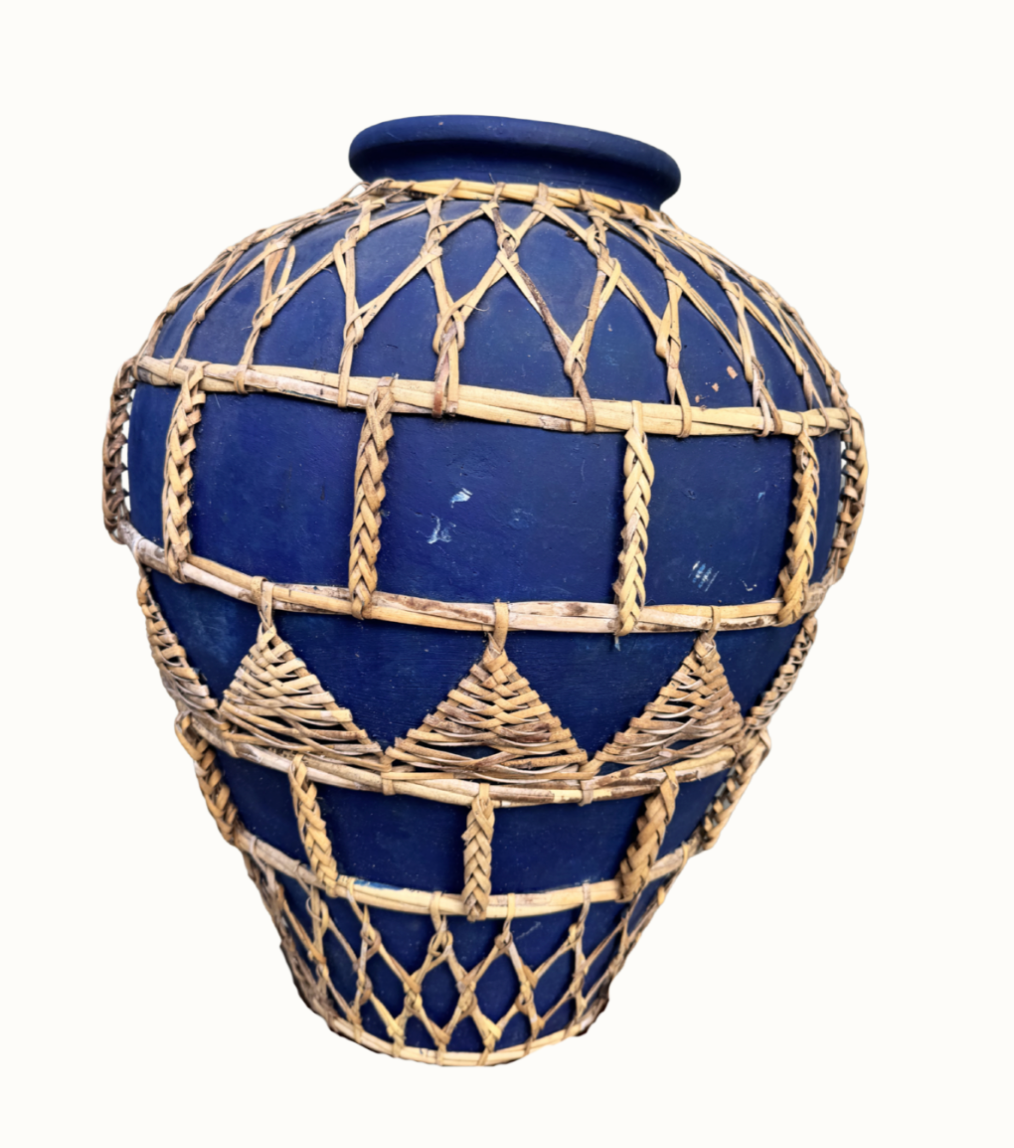 Hand-tied natural rattan on vintage floor vase