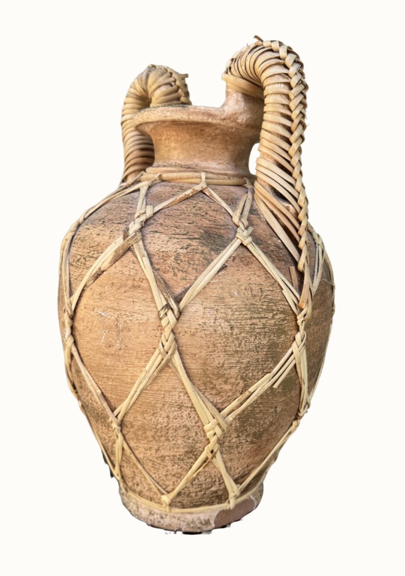 Tall Mediterranean rattan and terracotta floor vase