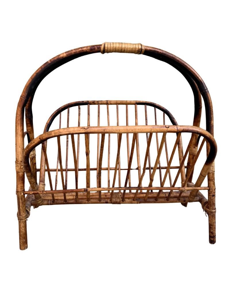 Vintage Tortoiseshell Bamboo Magazine Rack with Arched Handle
