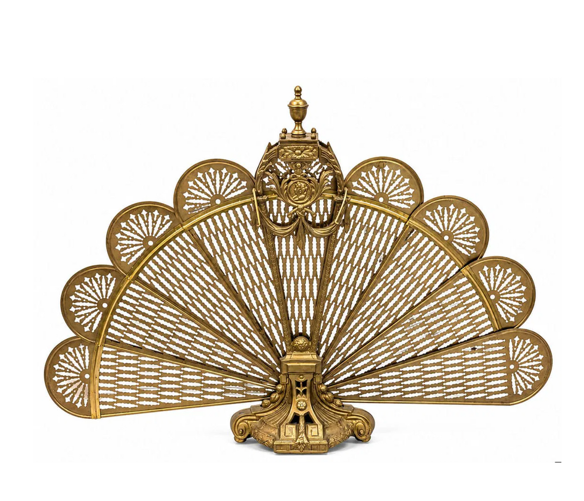 French Neoclassical Style Gilt Brass Folding Fan Fire Screen