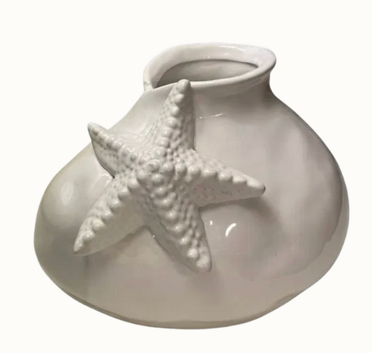 White Ceramic Vase with Sculptural Starfish Accent