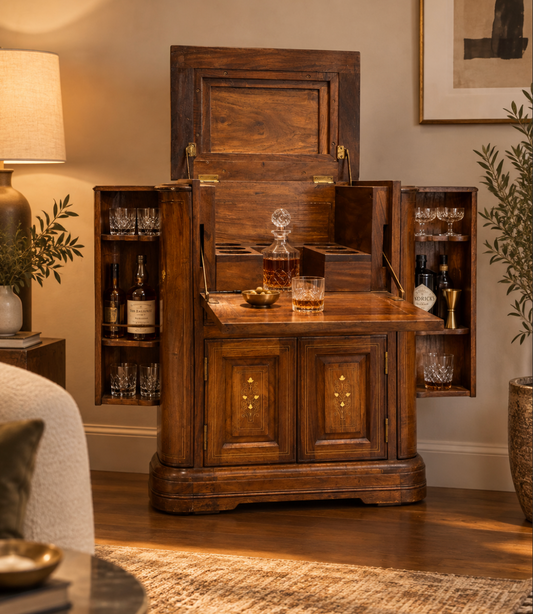 Vintage Marquetry Inlaid Wood Liquor Cabinet & Dry Bar