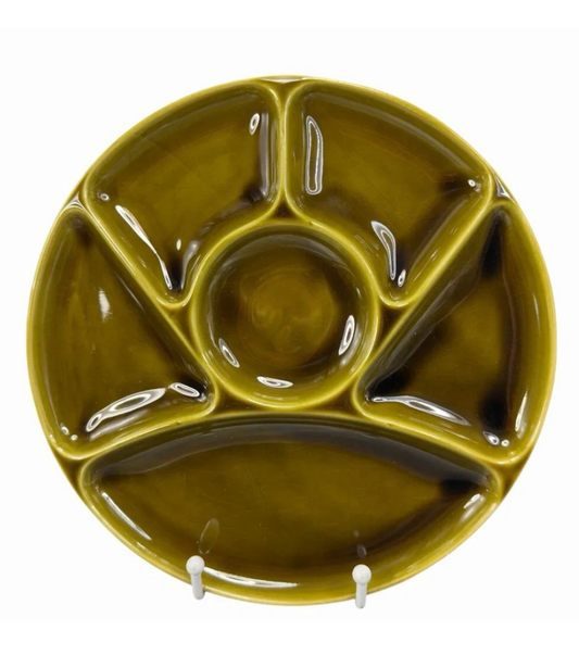 Vintage Gien France Green Fondue / Apéro Plate — Divided French Ceramic