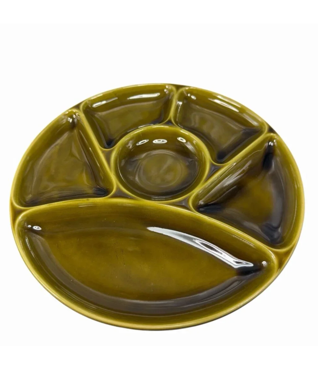 Vintage Gien France Green Fondue / Apéro Plate — Divided French Ceramic