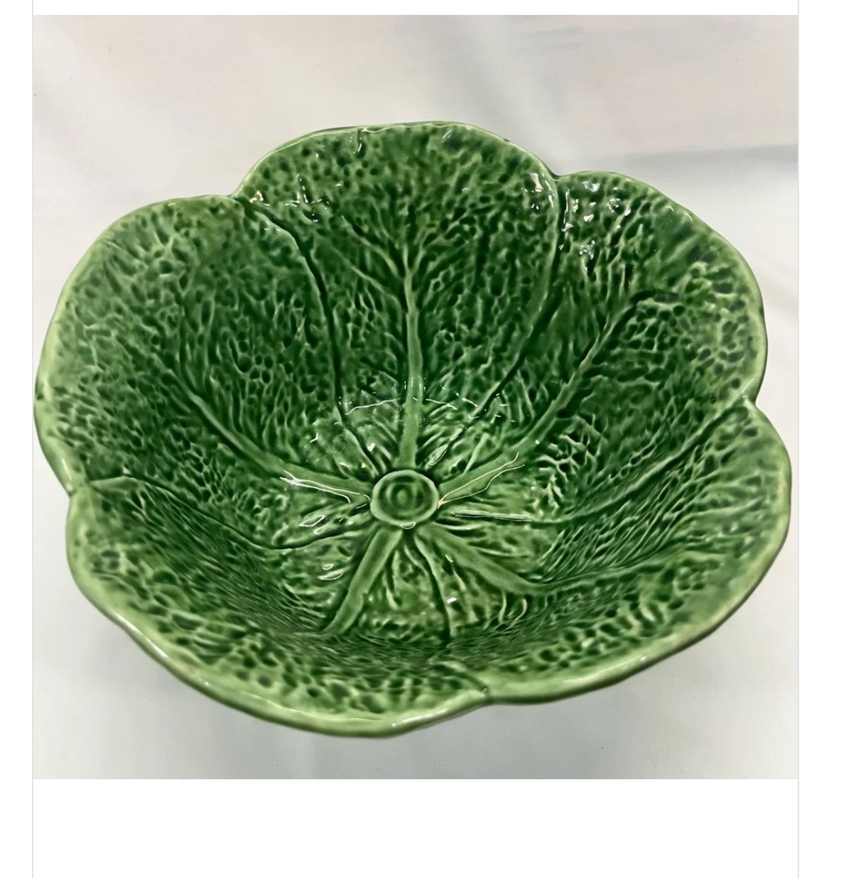 Vintage Olfaire Portugal Green Cabbage Leaf Serving Bowl — 10" Majolica-Style Ceramic