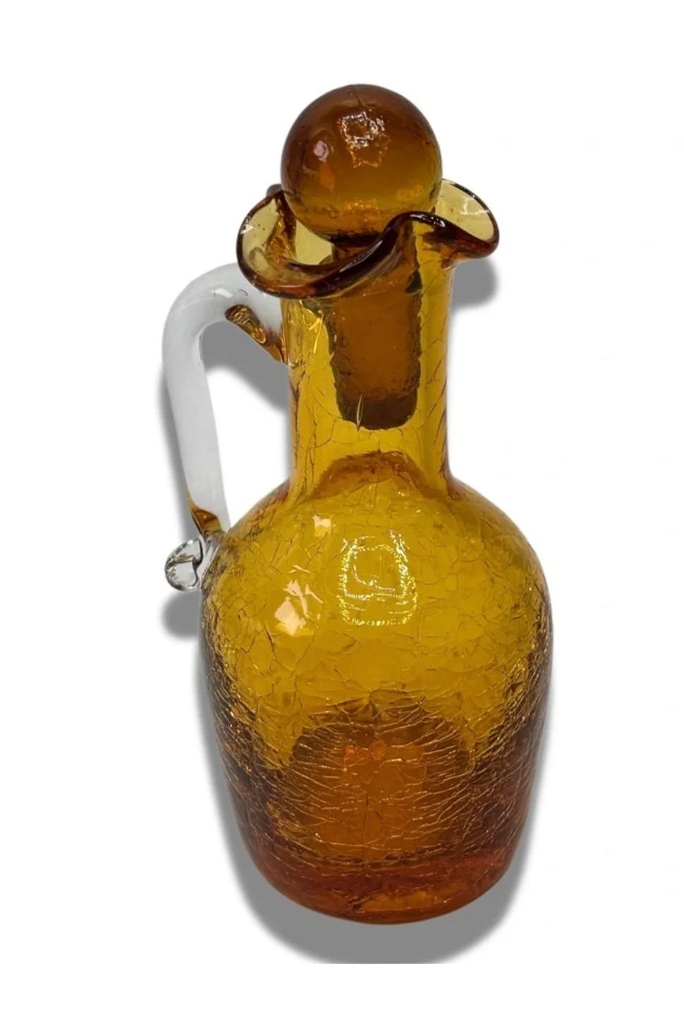Vintage Amber Crackle Glass Cruet with Stopper — Mini Pitcher, 5.5"