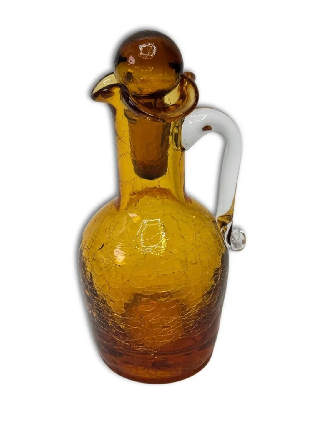 Vintage Amber Crackle Glass Cruet with Stopper — Mini Pitcher, 5.5"