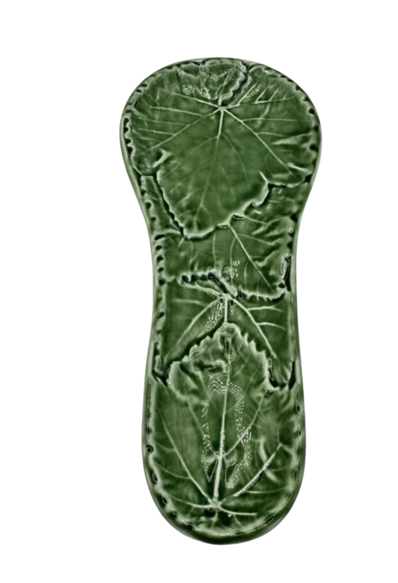 Vintage Olfaire Portugal Green Majolica Cabbage Leaf Spoon Rest — 9"