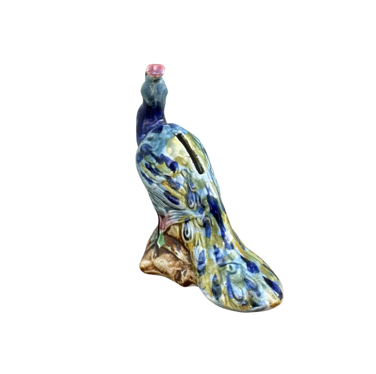 Vintage Hand-Painted Ceramic Peacock Figurine | Cobalt Blue Chinoiserie