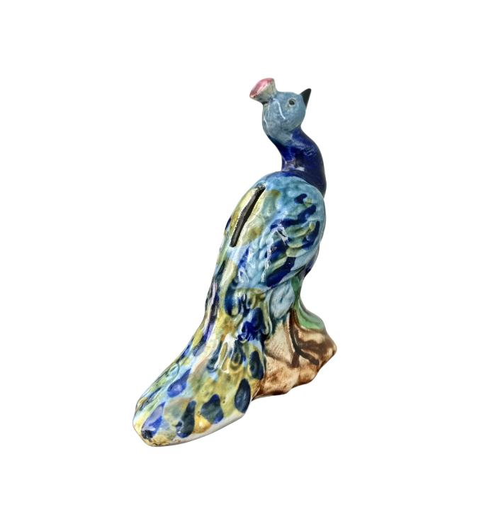 Vintage Hand-Painted Ceramic Peacock Figurine | Cobalt Blue Chinoiserie