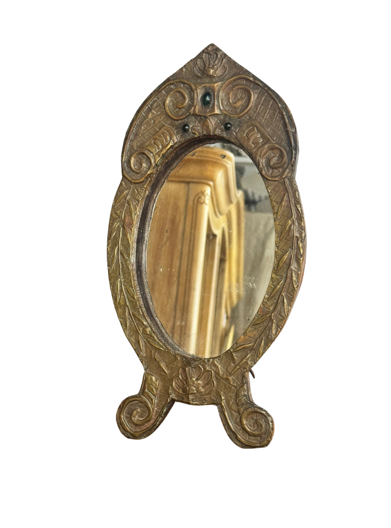 Antique French Repoussé Metal Table Mirror with Green Glass Accents, c. 1900–1930
