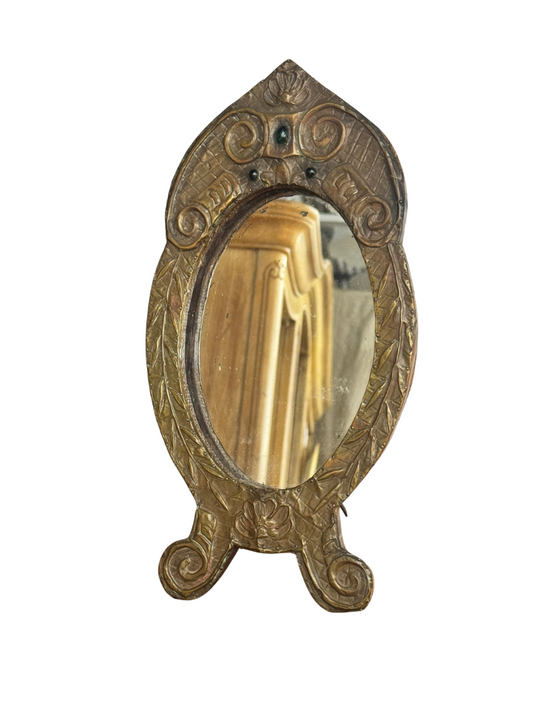 Antique French Repoussé Metal Table Mirror with Green Glass Accents, c. 1900–1930