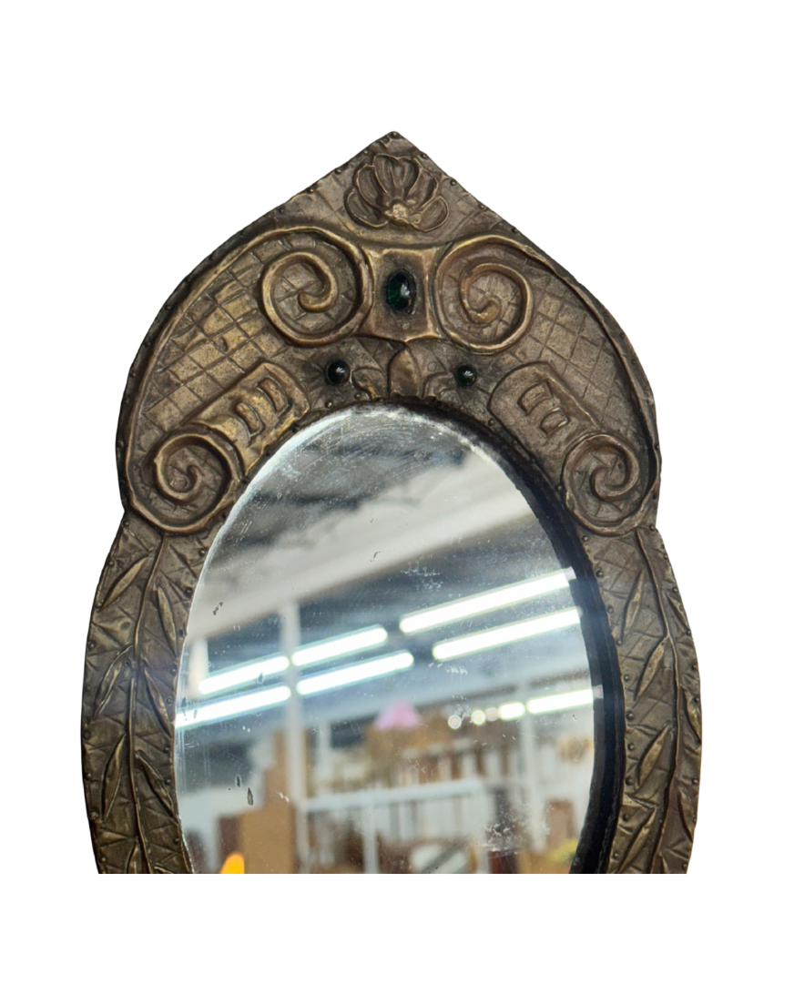 Antique French Repoussé Metal Table Mirror with Green Glass Accents, c. 1900–1930