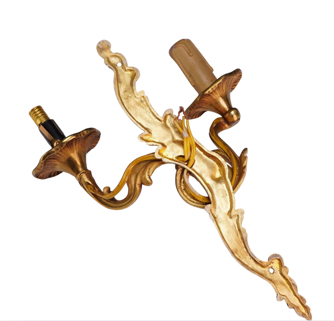 Antique Louis XV Style Gilt Metal Rococo Two-Light Wall Sconces — Pair