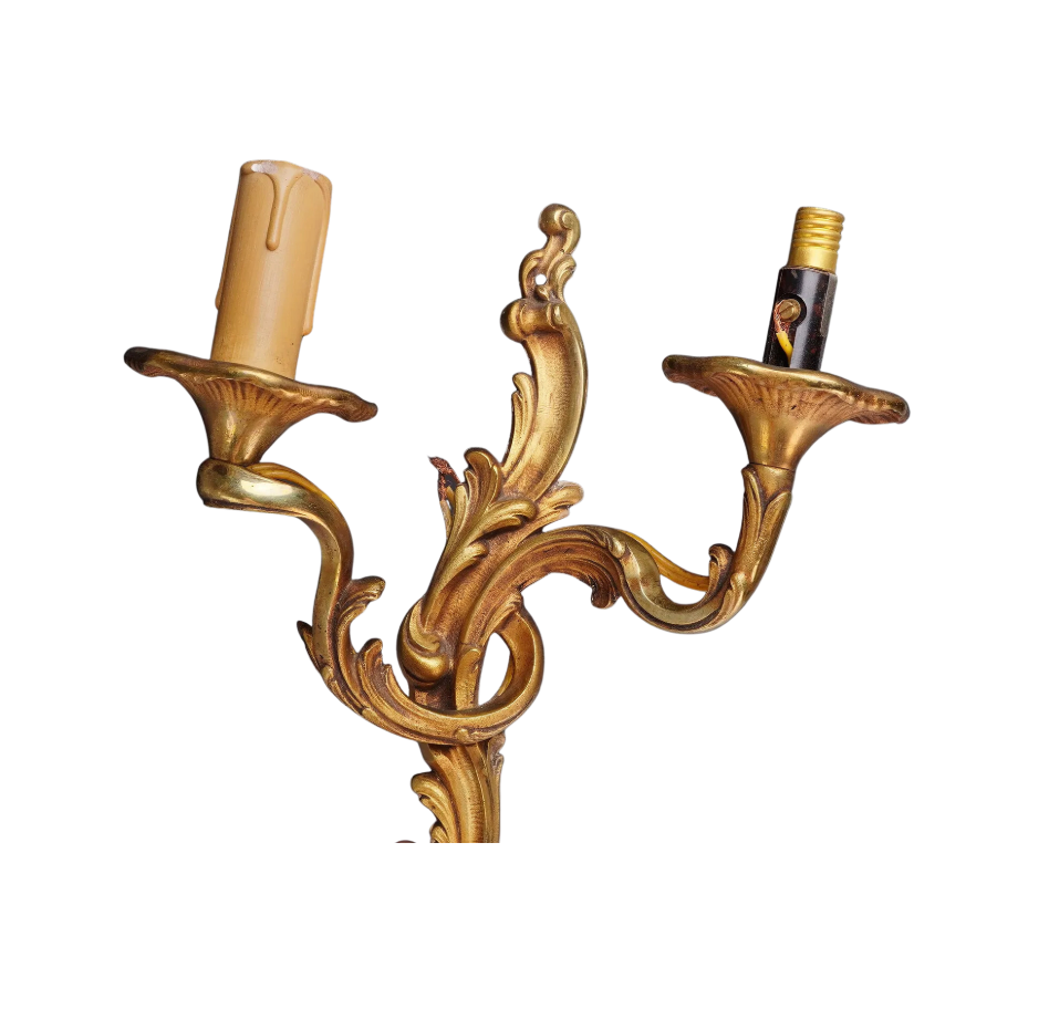 Antique Louis XV Style Gilt Metal Rococo Two-Light Wall Sconces — Pair