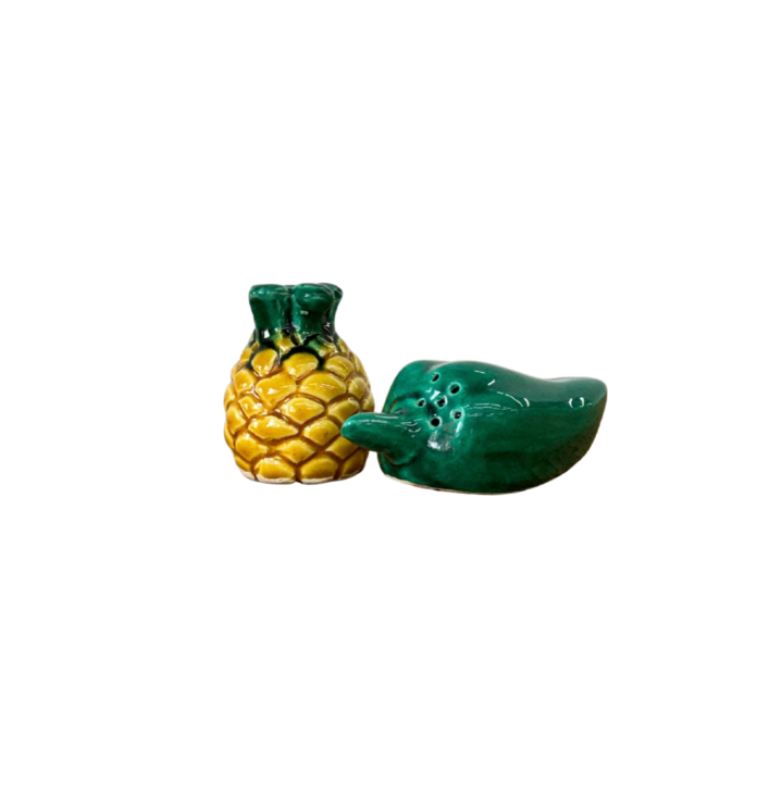 Vintage French Majolica Pineapple & Green Pepper Salt + Pepper Shakers — Pair