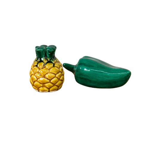 Vintage French Majolica Pineapple & Green Pepper Salt + Pepper Shakers — Pair