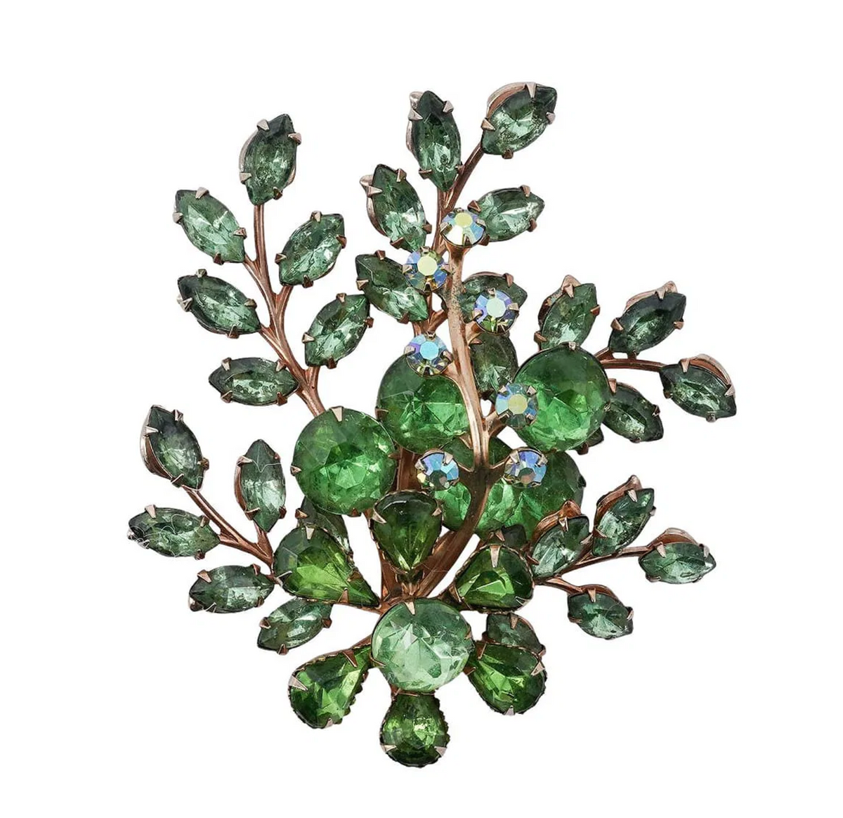 Vintage Emerald Green Rhinestone Statement Brooch — Gold Tone