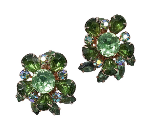 Vintage Emerald Green Rhinestone Clip-On Earrings — Gold Tone