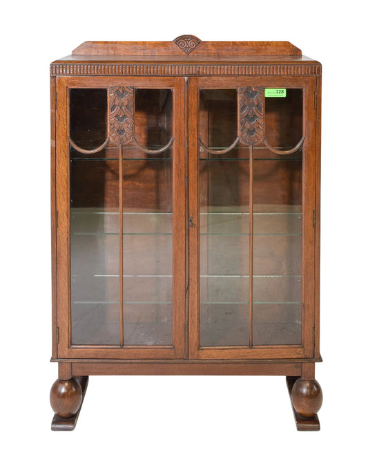 Vintage British Oak Double-Door Bookcase Cabinet
