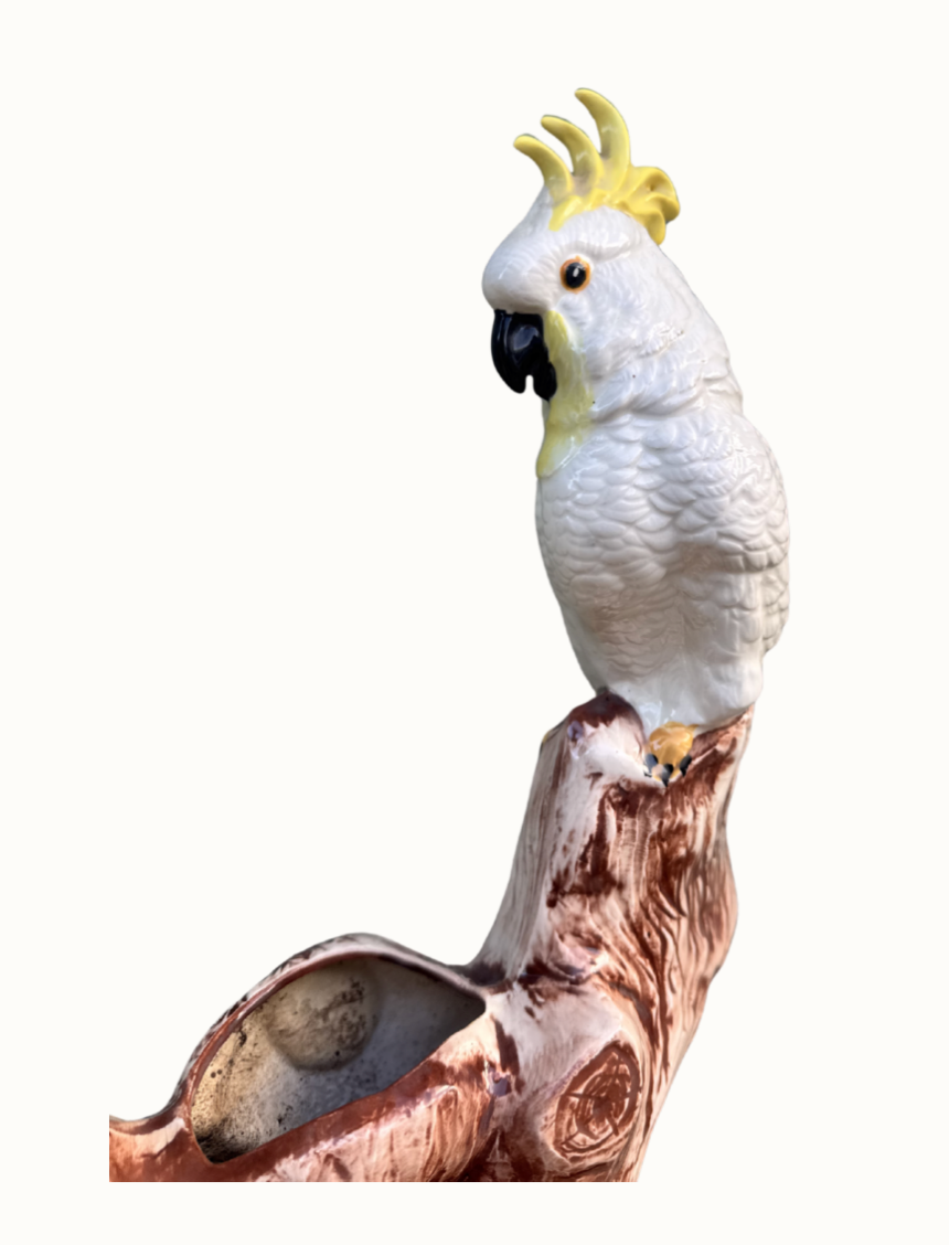 Detail of white and yellow glazed ceramic cockatoos