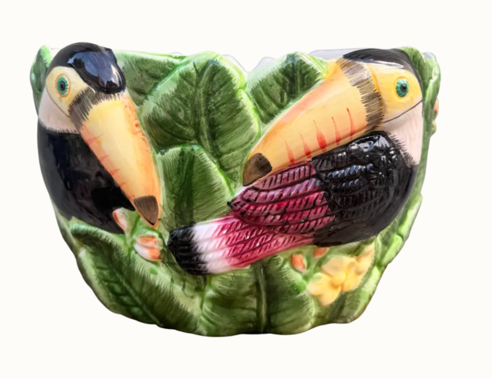 Vintage Portuguese majolica toucan sculptural bowl