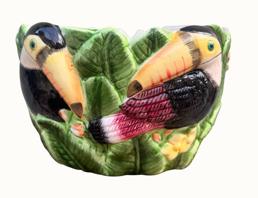 Vintage Portuguese majolica toucan sculptural bowl