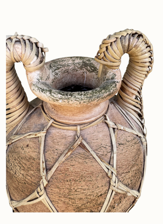 Vintage Spanish terracotta amphora wrapped in woven rattan
