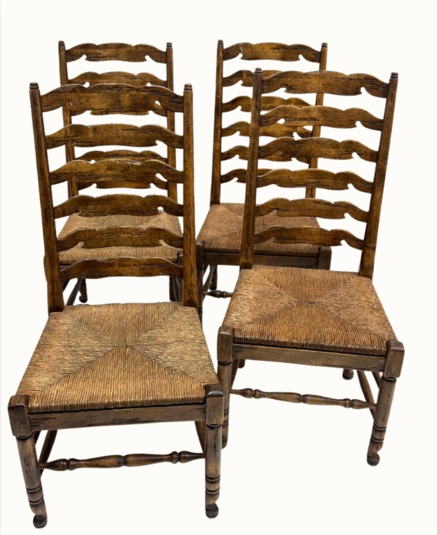 Set of 4 Vintage French Country Oak Ladder-Back Dining Chairs with Rush Seats