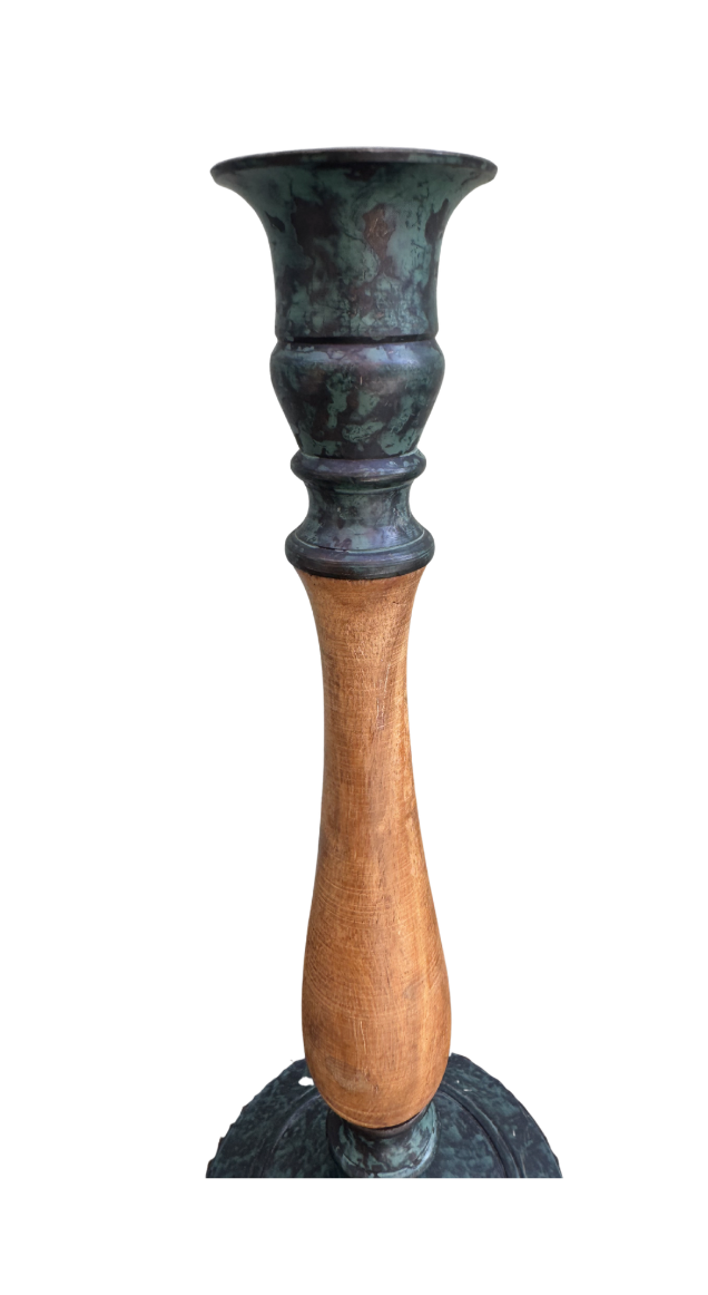 Vintage Scandinavian Wood & Verdigris Candlesticks — Pair