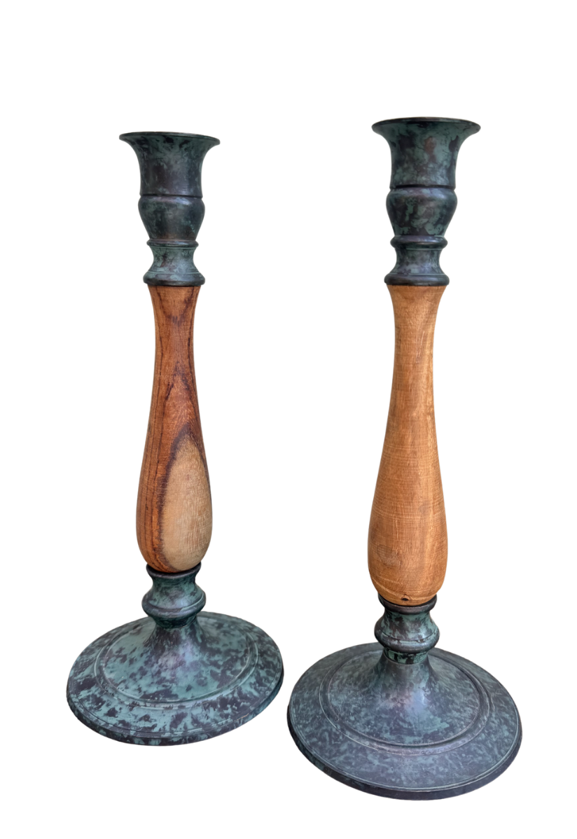 Vintage Scandinavian Wood & Verdigris Candlesticks — Pair