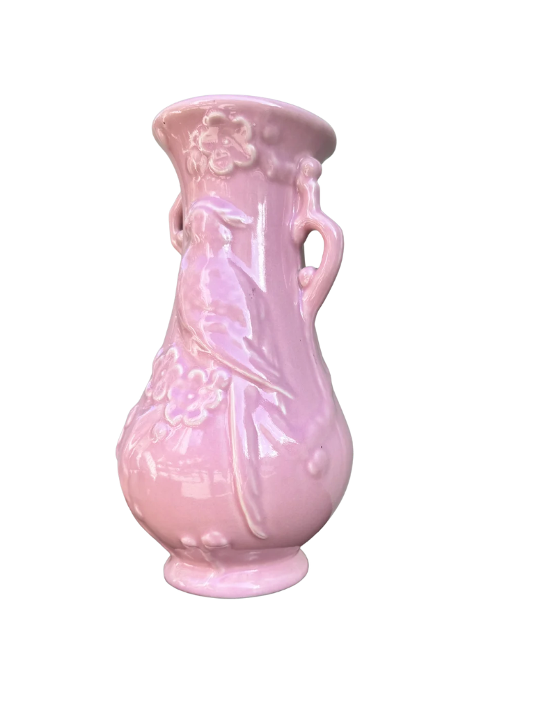 1960s Japanese Pink Ceramic Bird & Cherry Blossom Vase