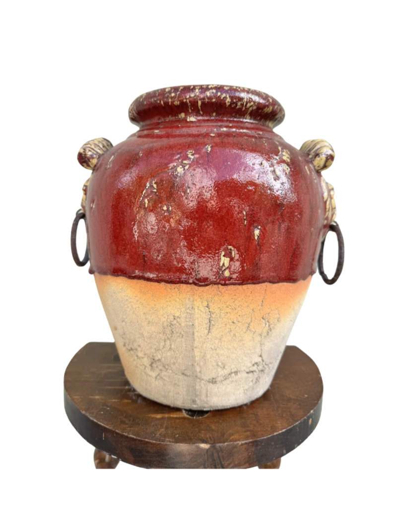 Vintage Terracotta Lion Head Urn | Red & Cream Crackle Glaze, 22”