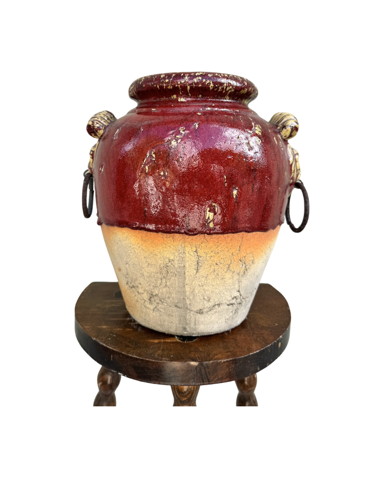 Vintage Terracotta Lion Head Urn | Red & Cream Crackle Glaze, 22”