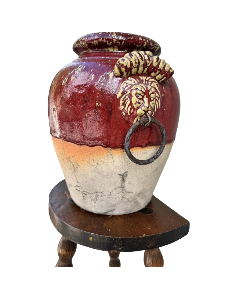 Vintage Terracotta Lion Head Urn | Red & Cream Crackle Glaze, 22”