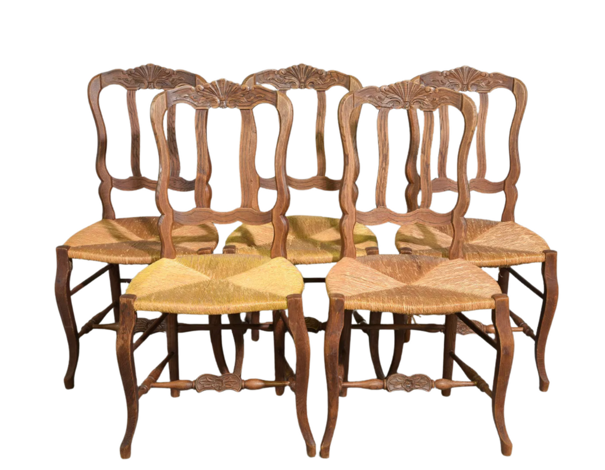 Vintage Country French Louis XV Style Rush Seat Dining Chairs — Set of 5