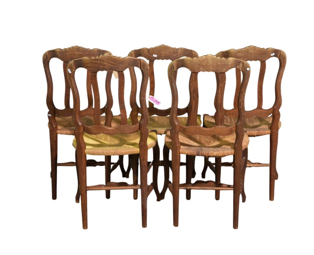 Vintage Country French Louis XV Style Rush Seat Dining Chairs — Set of 5