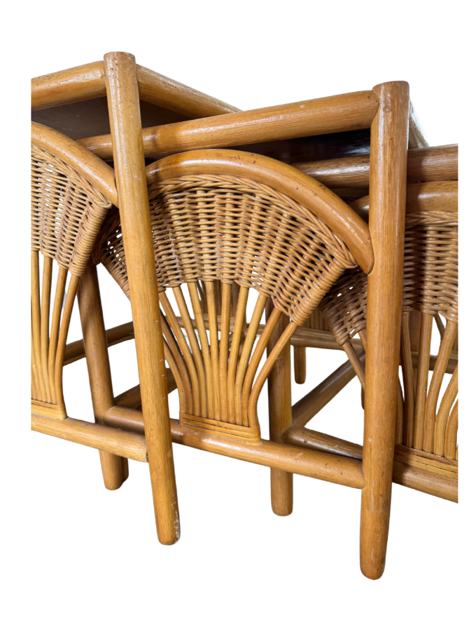 1970s Vintage Rattan & Wicker Nesting Tables — Set of 3