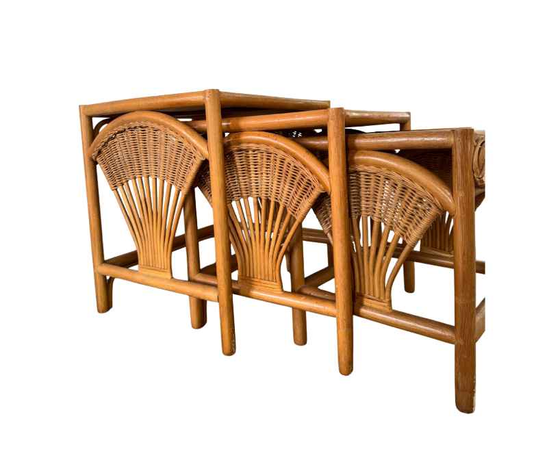 1970s Vintage Rattan & Wicker Nesting Tables — Set of 3